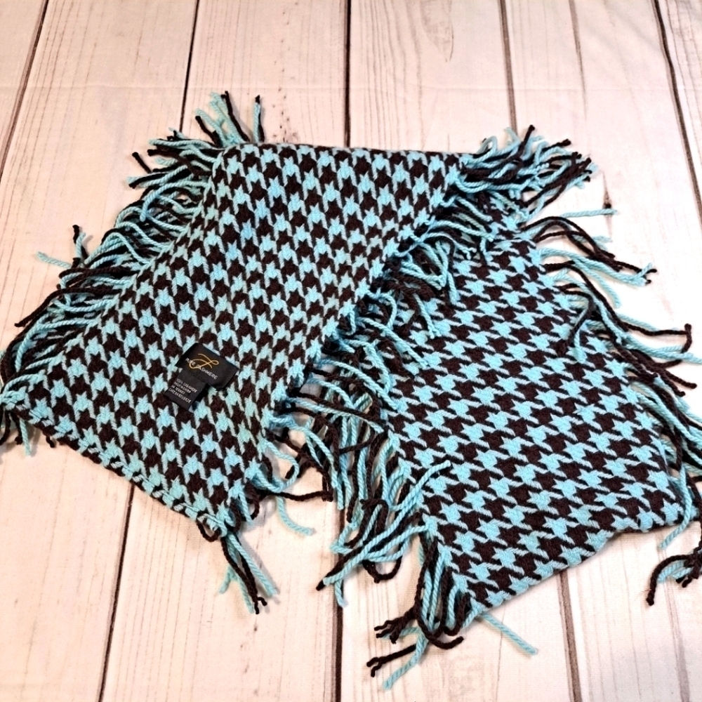 Pure Cashmere Brown and Light Blue Houndstooth Scarf